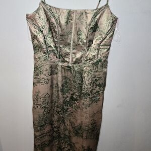 Fashion Nova Beige Midi Dress with Green Toile Print